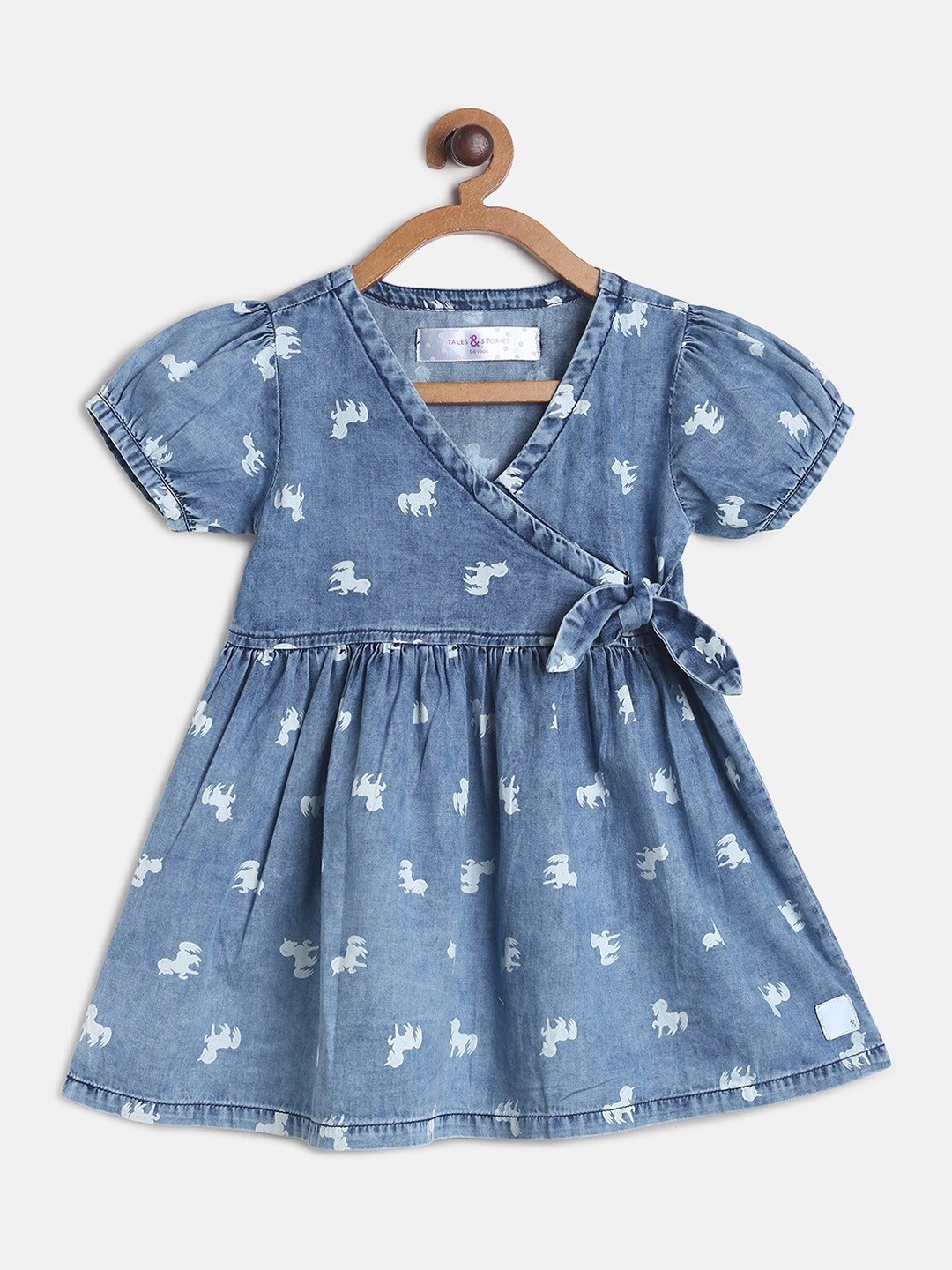 TALES & STORIES Kids-Girls Blue Printed V-Neck Puff Sleeves A-Line Dress