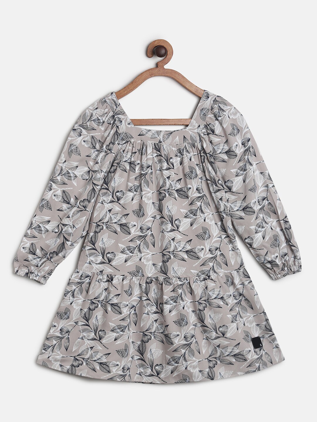 

TALES & STORIES Beige Floral Square Neck Long Puff Sleeves A-Line Dress