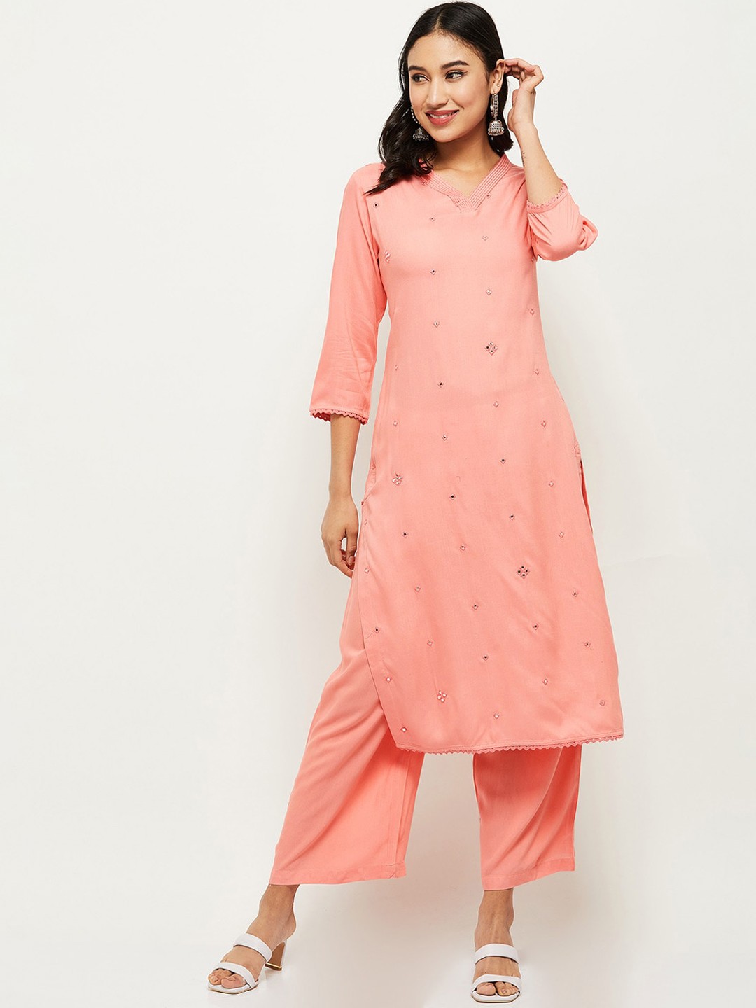 

max Women Pink Floral Embroidered Mirror Work Kurta with Trousers