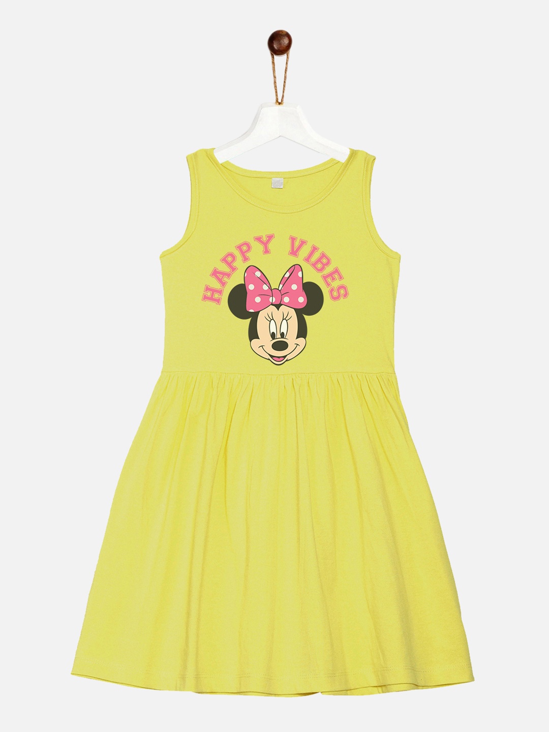 YK Disney Girls Yellow Minnie Printed Cotton Fit & Flare Sleeveless Dress
