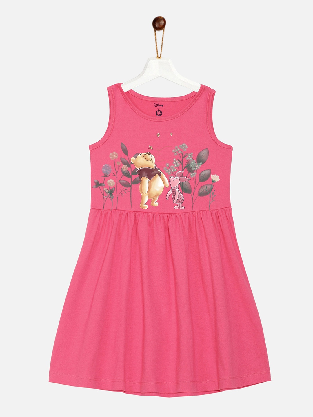 

YK Disney Girls Pink & Yellow Winnie The Pooh Printed Pure Cotton Dress