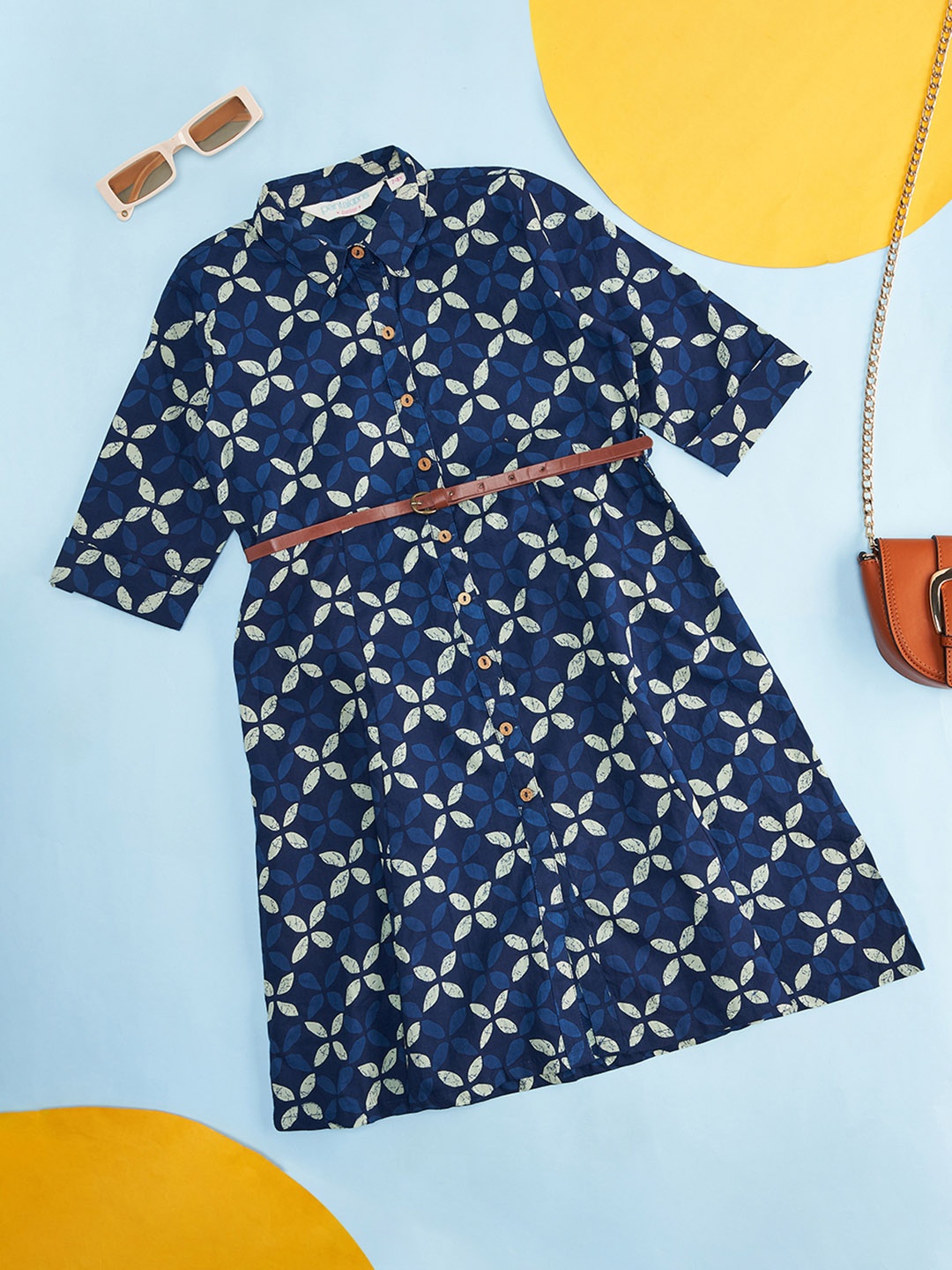 

AKKRITI BY PANTALOONS Navy Blue Ethnic Printed Cotton Shirt Dress