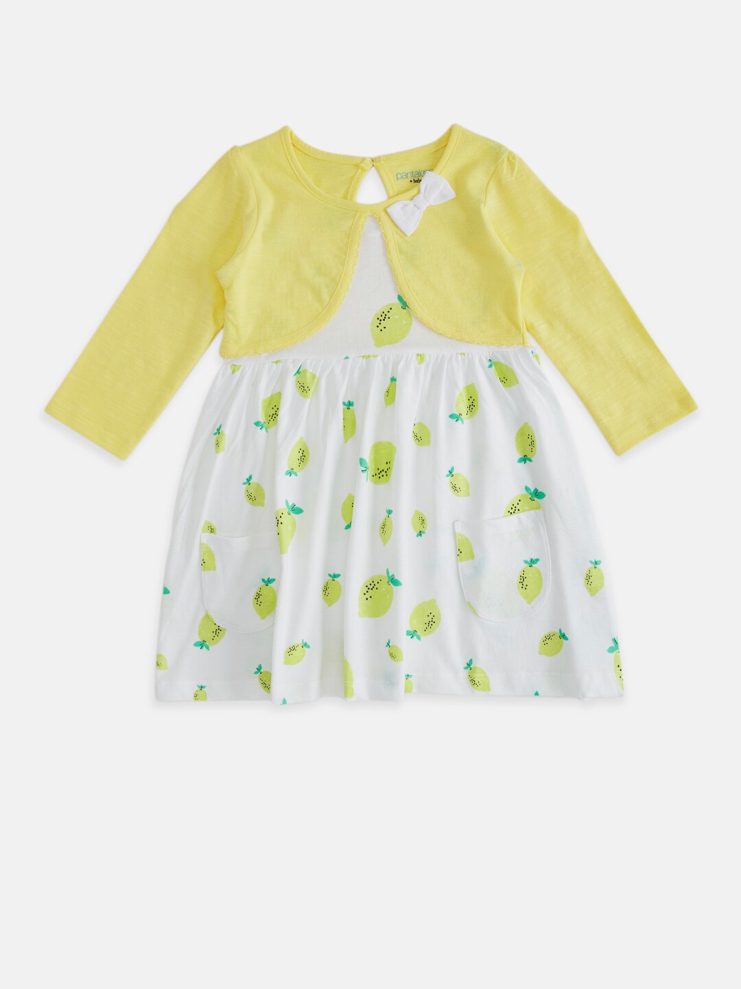 Pantaloons Baby Girls Yellow & White Printed Cotton Dress