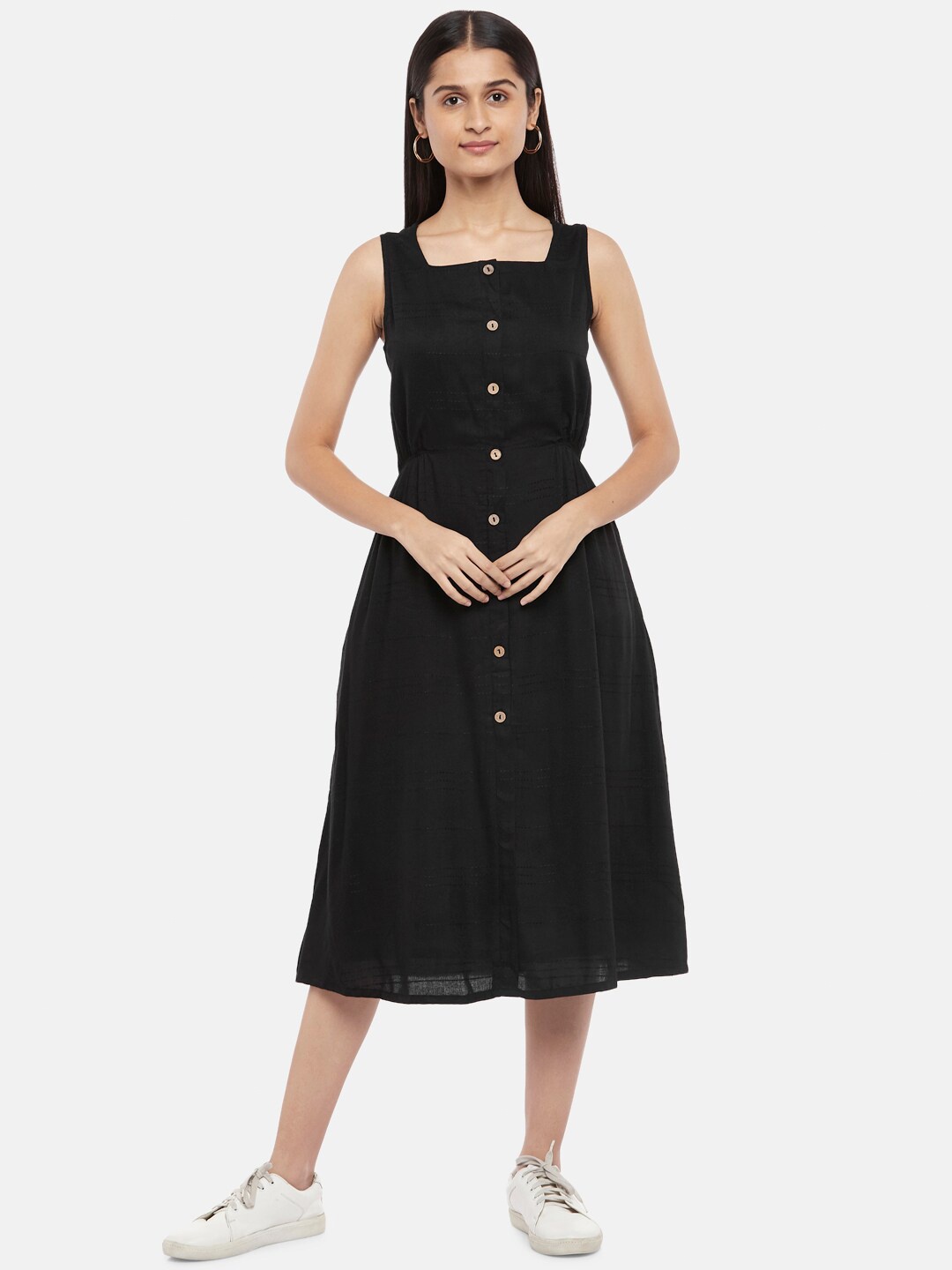 

People Black Solid Square Neck Shoulder Straps Fit and Flare Midi Dress