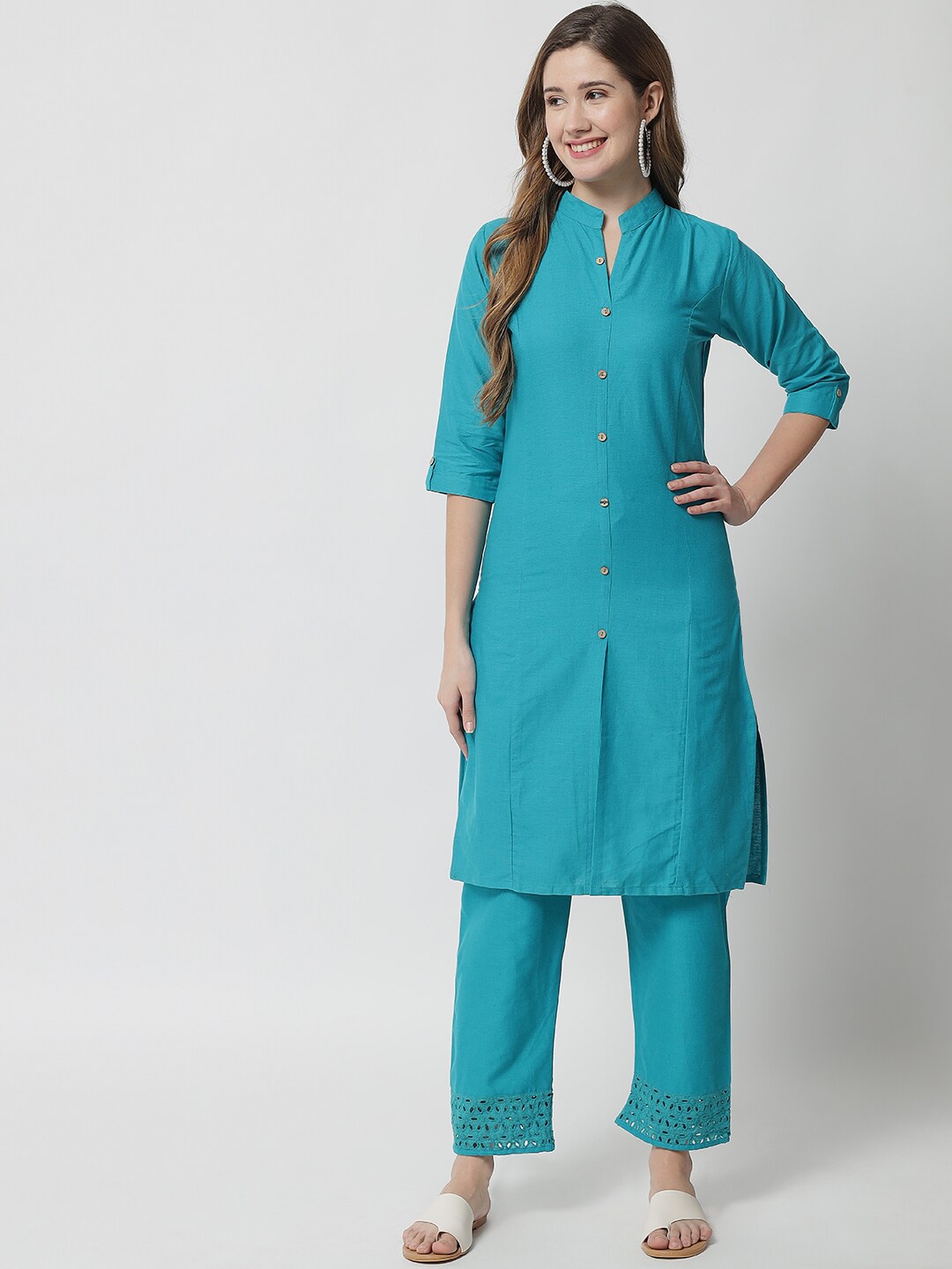 

Vastraa Fusion Women Sea Green Panelled Pure Cotton Kurti with Trousers