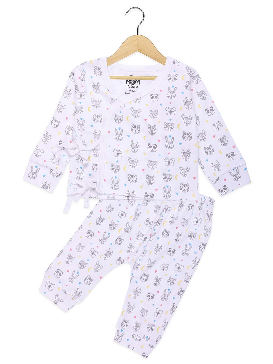 

The Mom Store Kids White Printed Pure Cotton Top with Pyjamas