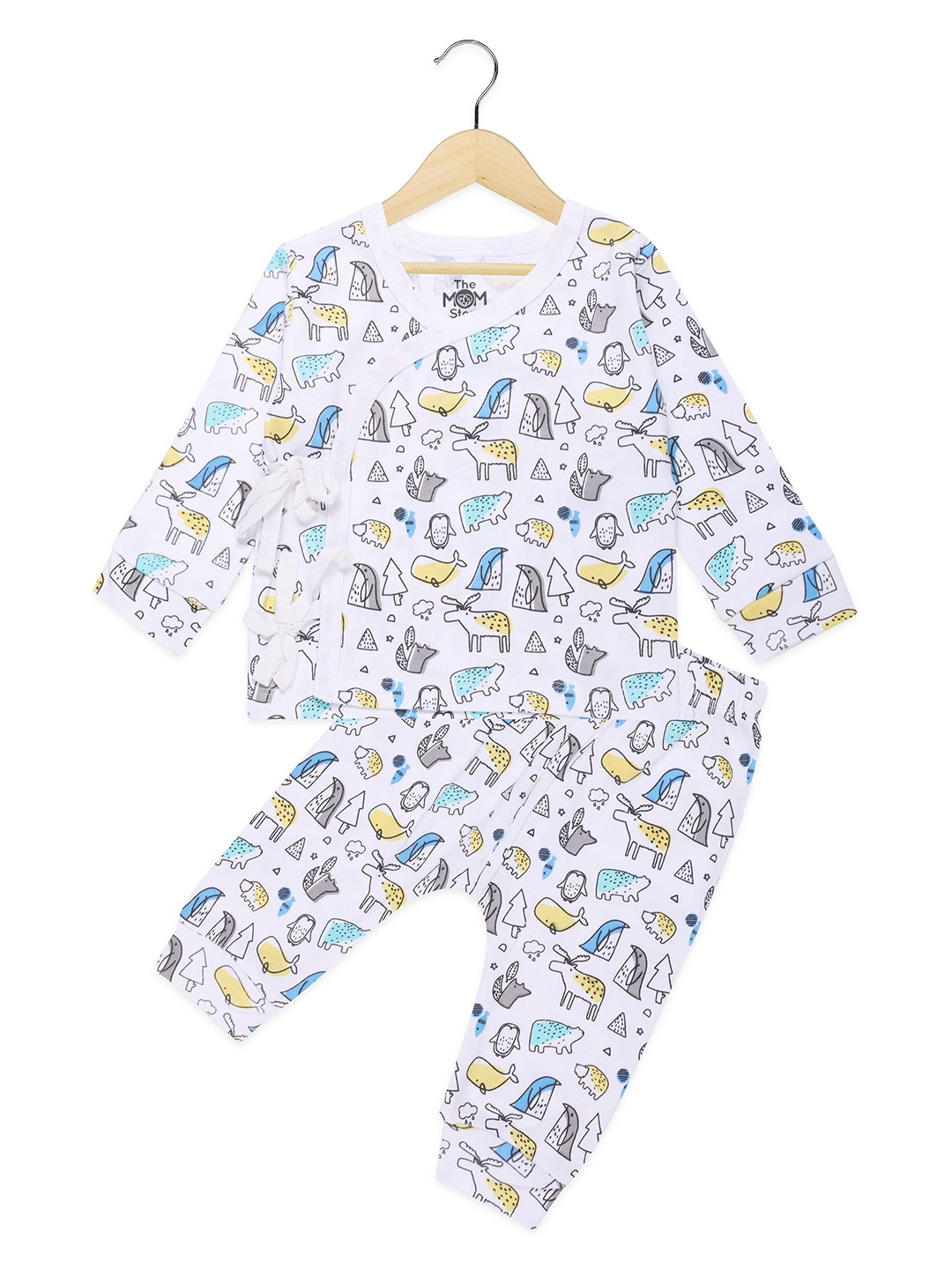 

The Mom Store Kids White & Blue Printed Pure Cotton T-shirt with Trousers
