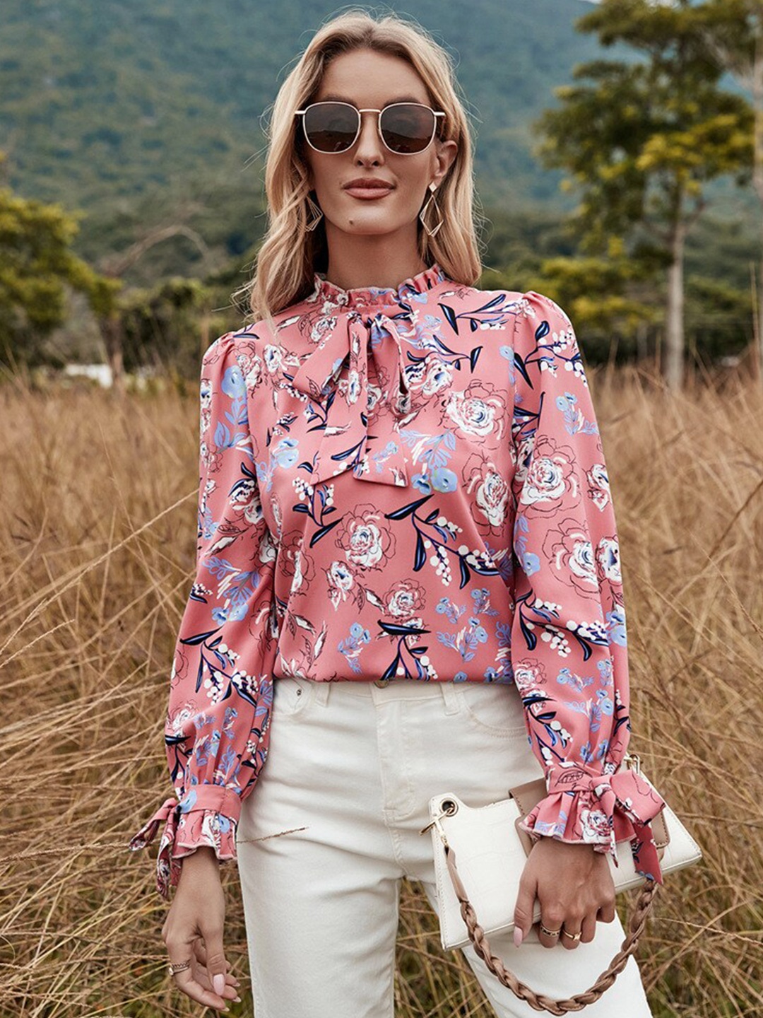 

La Aimee Women Pink & Blue Floral Printed Top