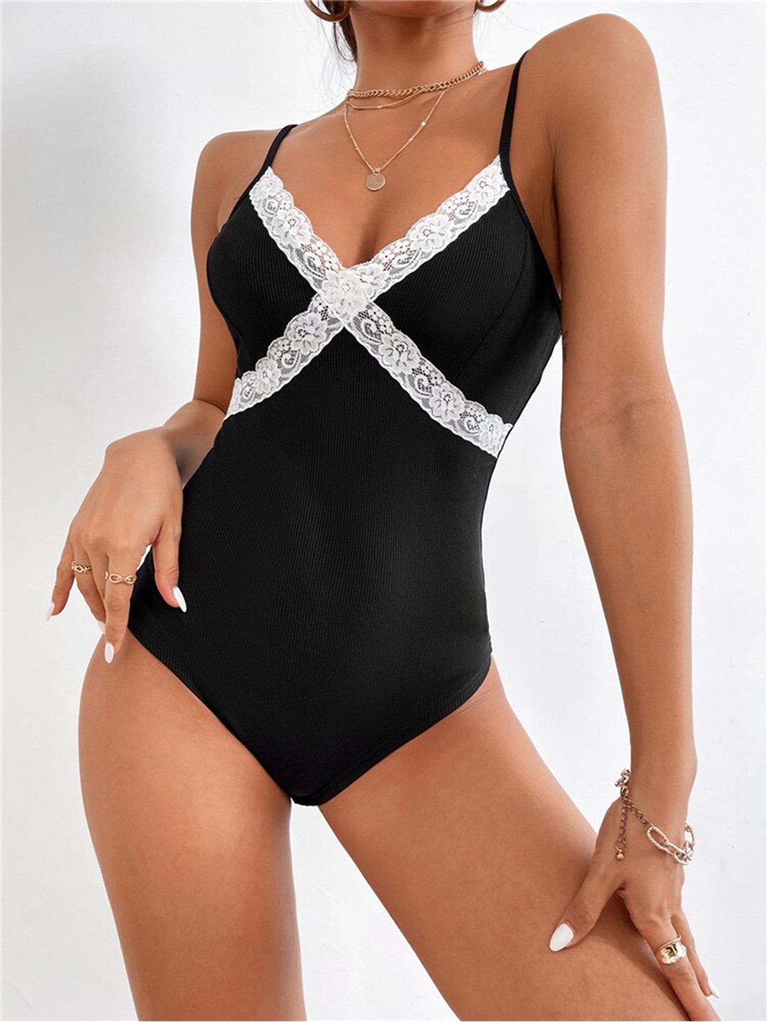 

La Aimee Women Black & White Strappy Bodysuit