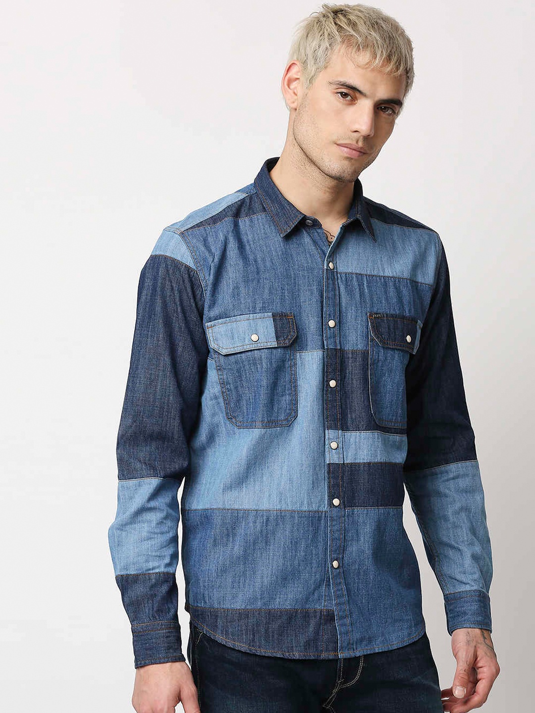 

Pepe Jeans Men Blue Colourblocked Denim Casual Shirt