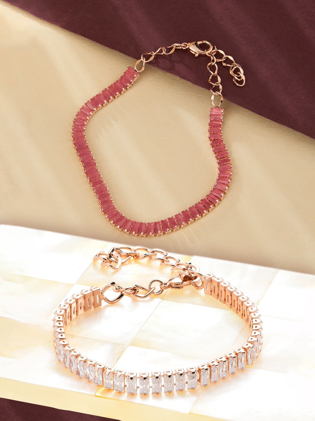

Zaveri Pearls Women Set of 2 Rose Gold-Plated Pink & White Brass Cubic Zirconia Bracelets
