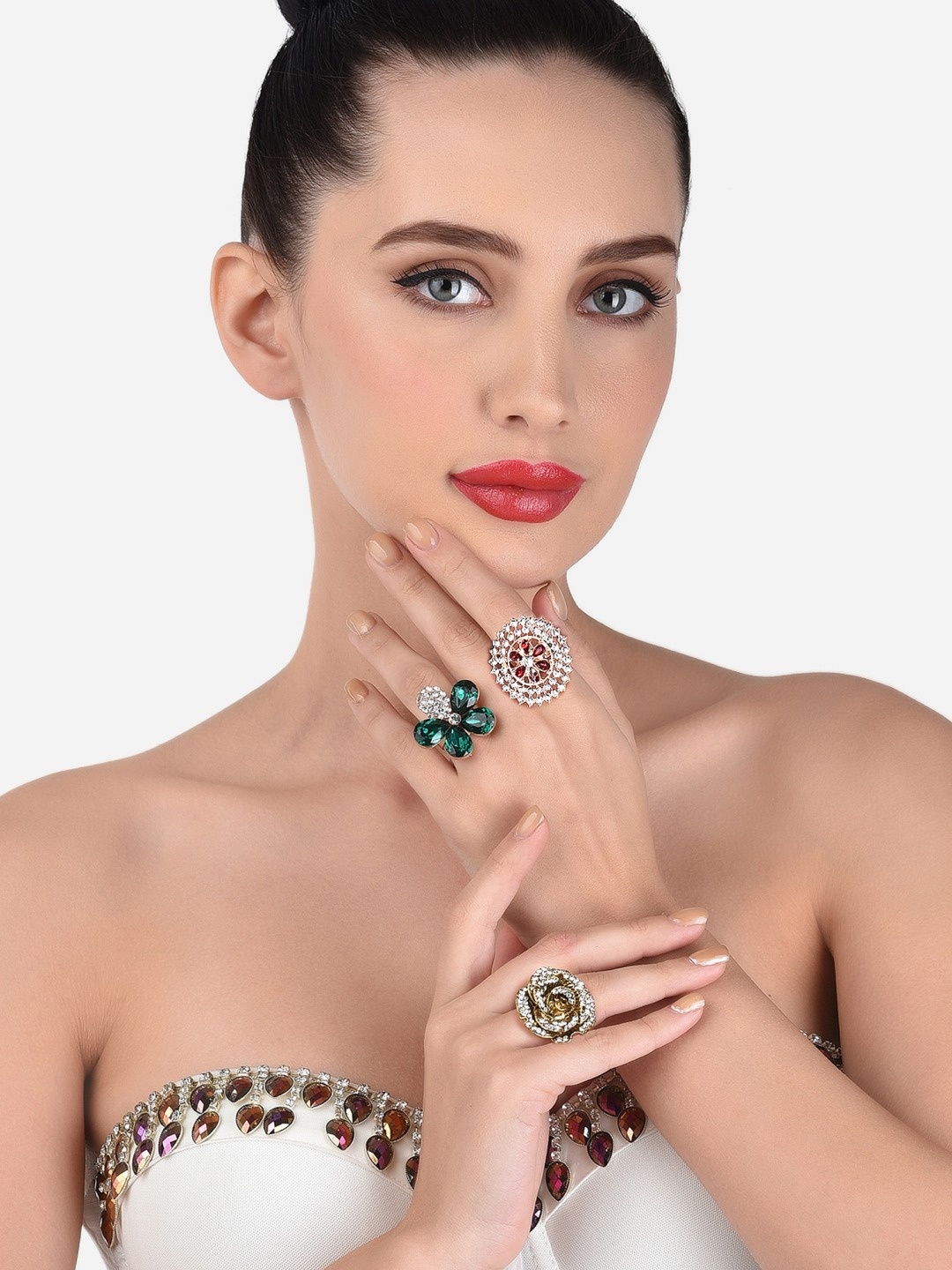 

SOHI Set Of 3 Rose Gold-Plated & White Austrian Diamonds Adjustable Finger Rings