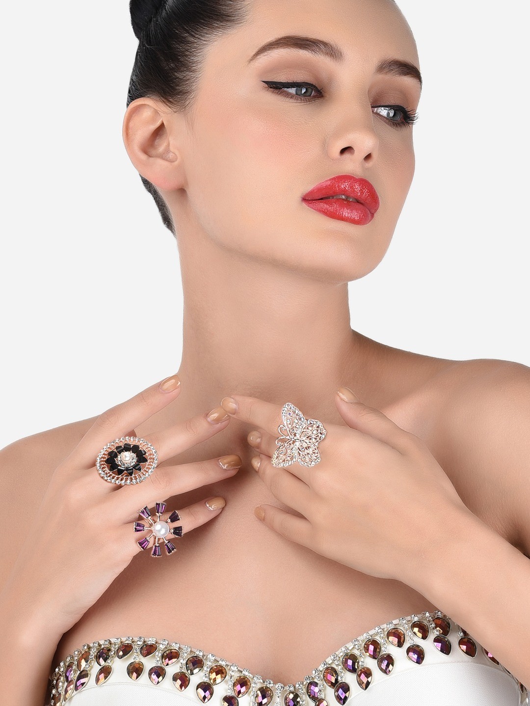 

Zaveri Pearls Set Of 3 Rose Gold-Plated Stone Studded Finger Rings
