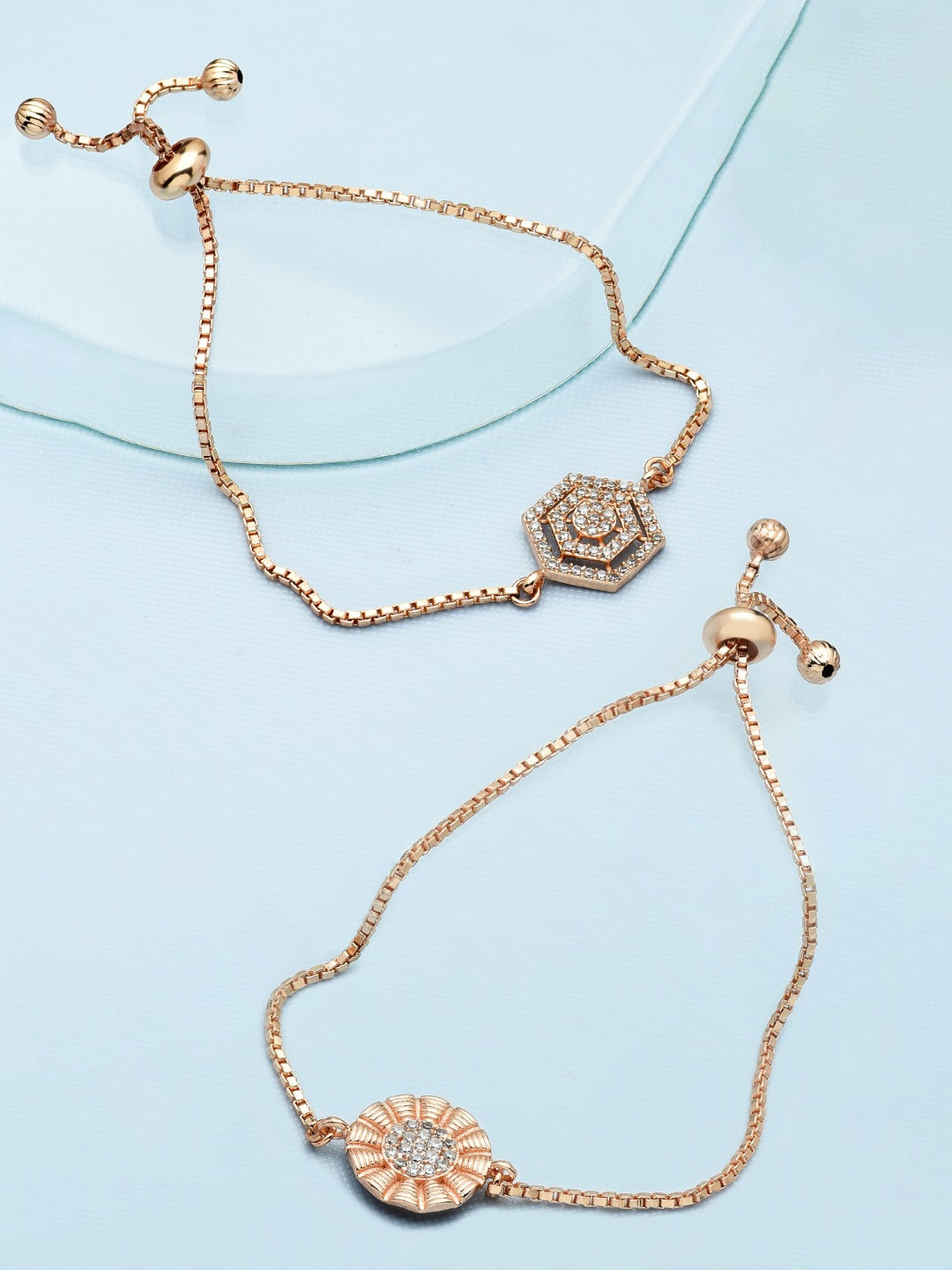 

Zaveri Pearls Women Set Of 2 Rose Gold Plated Brass Cubic Zirconia Charm Bracelet