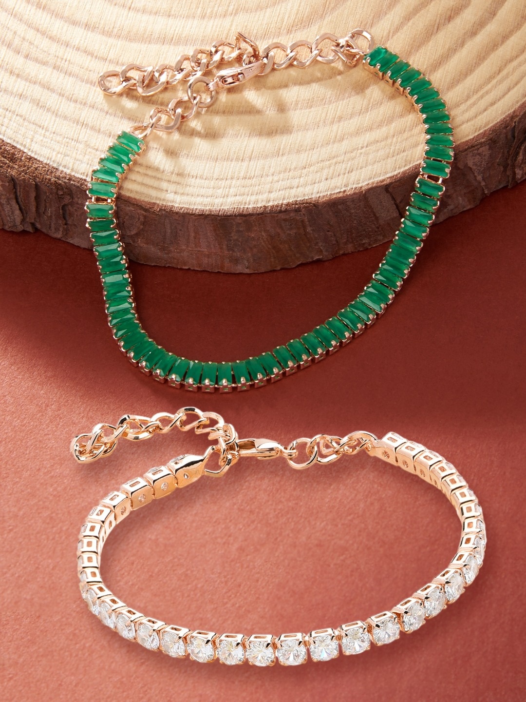 

Zaveri Pearls Women Set of 2 Rose Gold-Plated & Green Brass Cubic Zirconia Bracelet