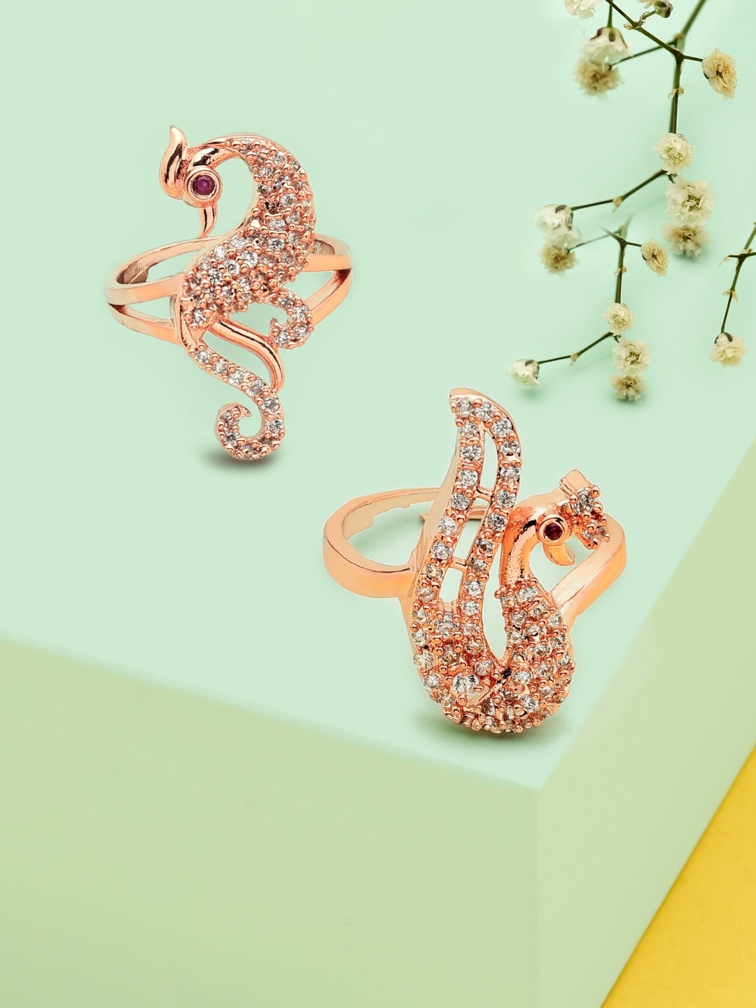 

Zaveri Pearls Set of 2 Rose Gold-Plated & White Studded Adjustable Finger Ring