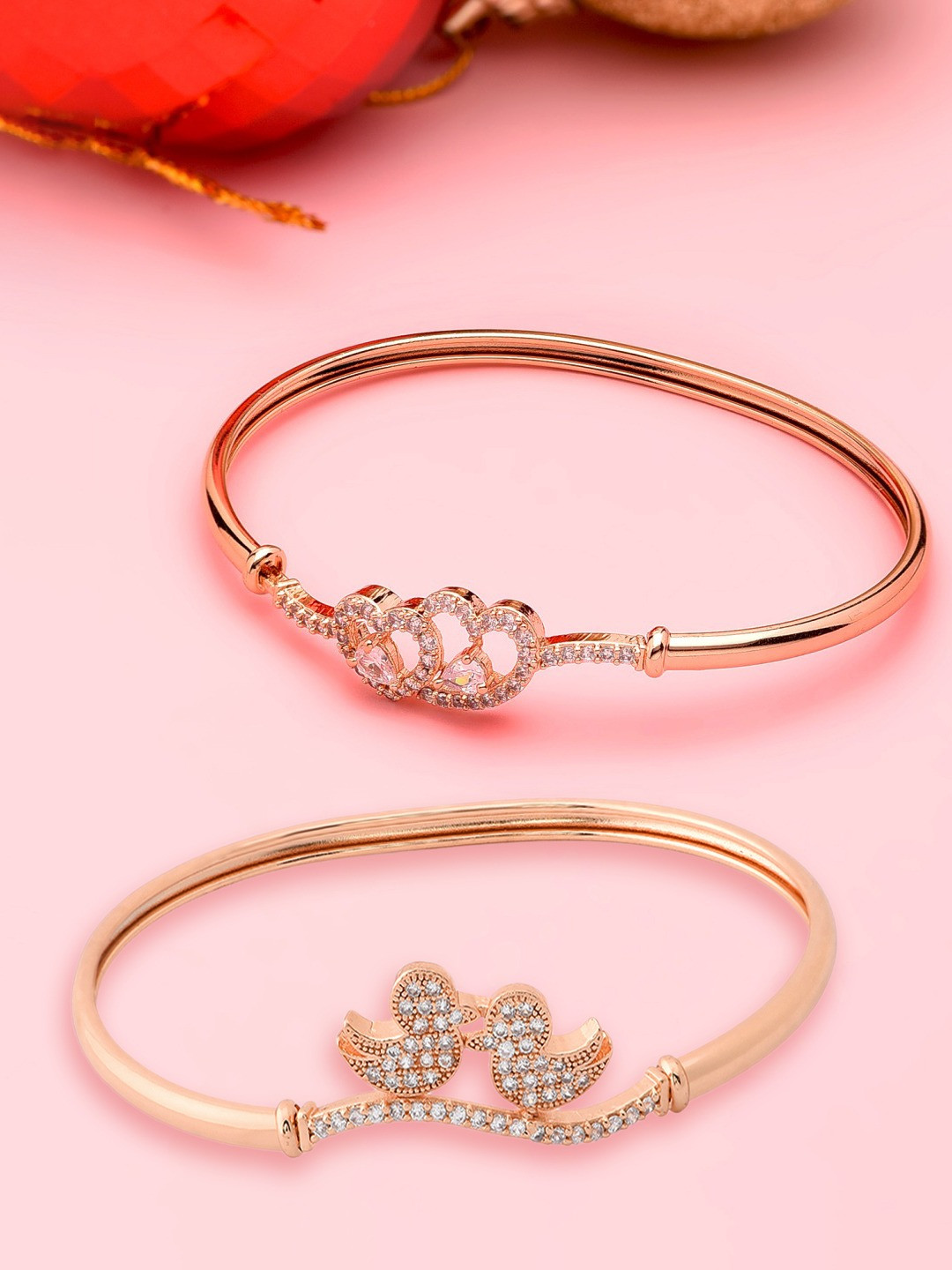 

Zaveri Pearls Women Pack of 2 White Brass Cubic Zirconia Rose Gold-Plated Kada Bracelets