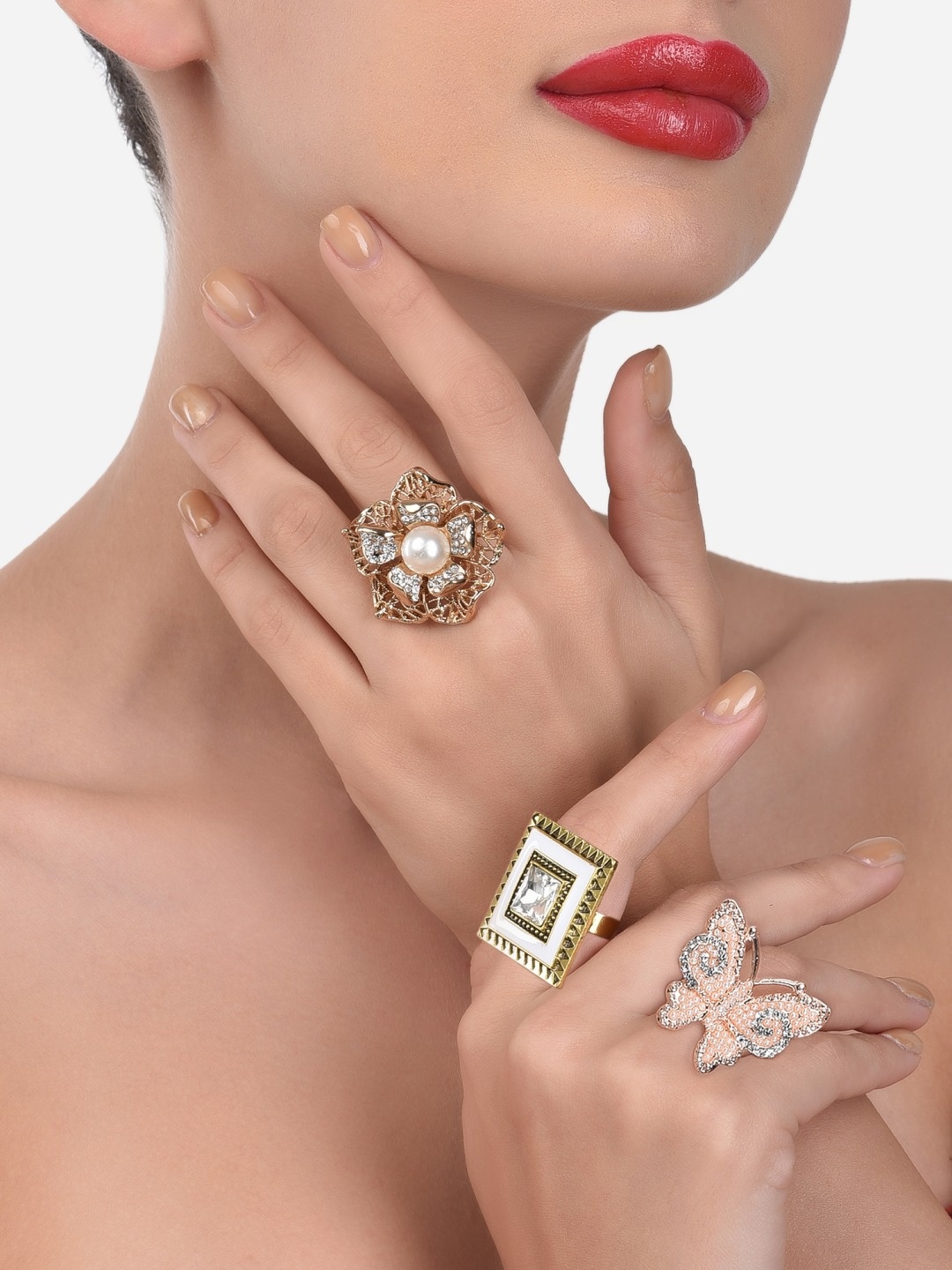 

Zaveri Pearls Set Of 3 Rose Gold-Plated White CZ-Studded Finger Rings