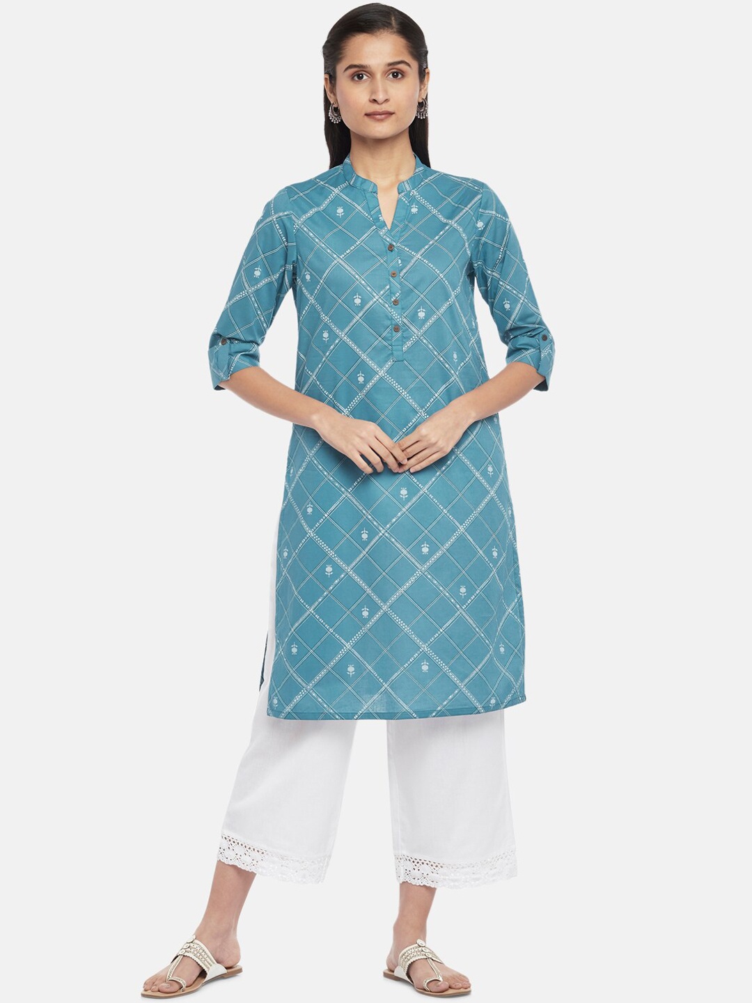 

RANGMANCH BY PANTALOONS Women Teal & White Geometric Printed Kurta