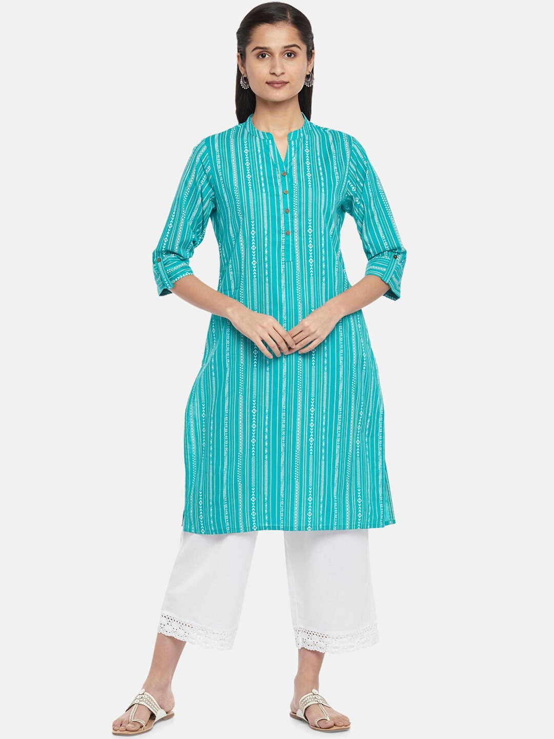 

RANGMANCH BY PANTALOONS Women Turquoise Blue Striped Thread Work Cotton Kurta