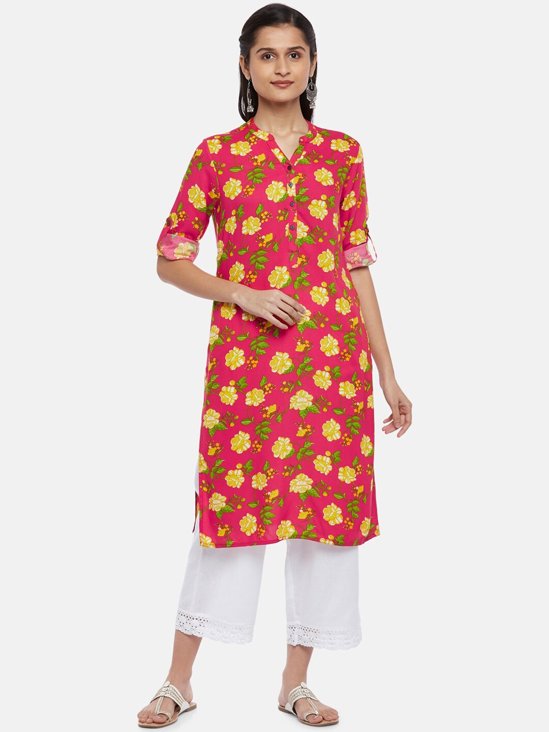 

RANGMANCH BY PANTALOONS Women Fuchsia & Yellow Floral Printed Kurta