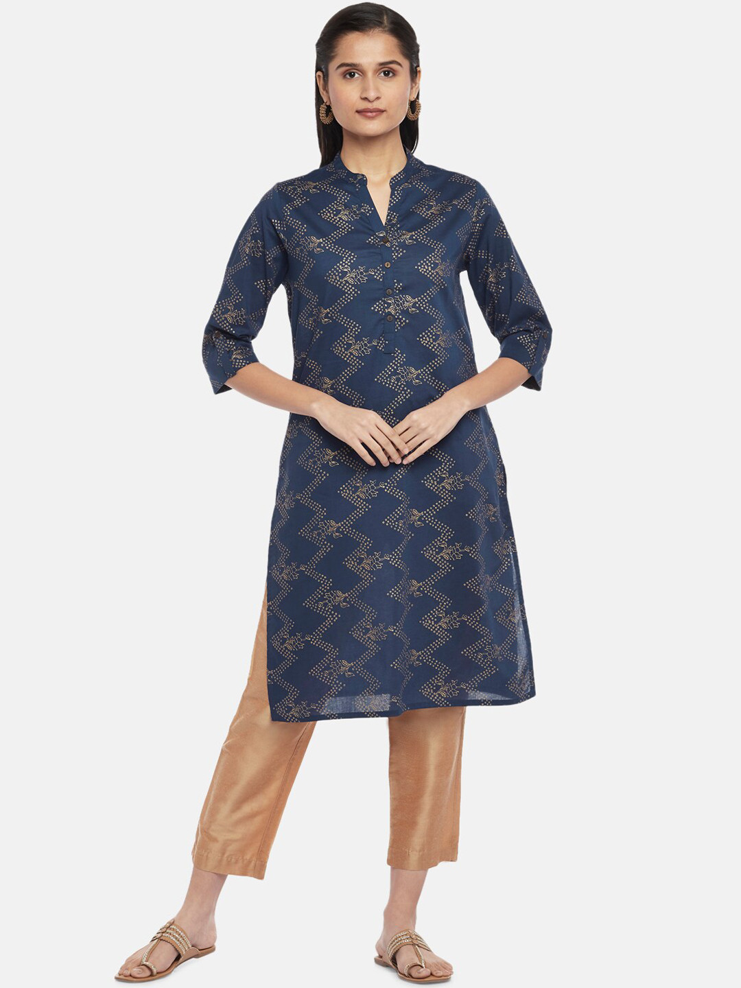 

RANGMANCH BY PANTALOONS Women Navy Blue & Golden Printed Cotton Kurta