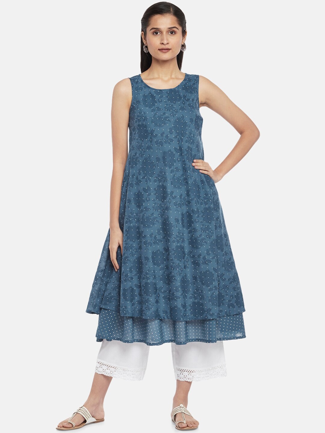 RANGMANCH BY PANTALOONS Women Blue Ethnic Motifs Printed Cotton A-Line Kurta