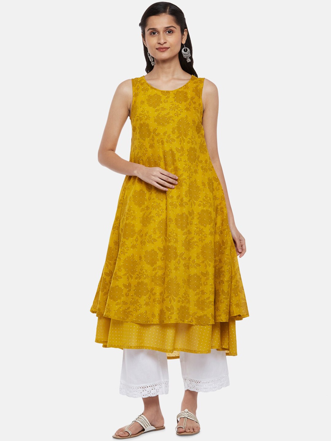 

RANGMANCH BY PANTALOONS Women Yellow Floral Printed Mukaish Anarkali Kurta