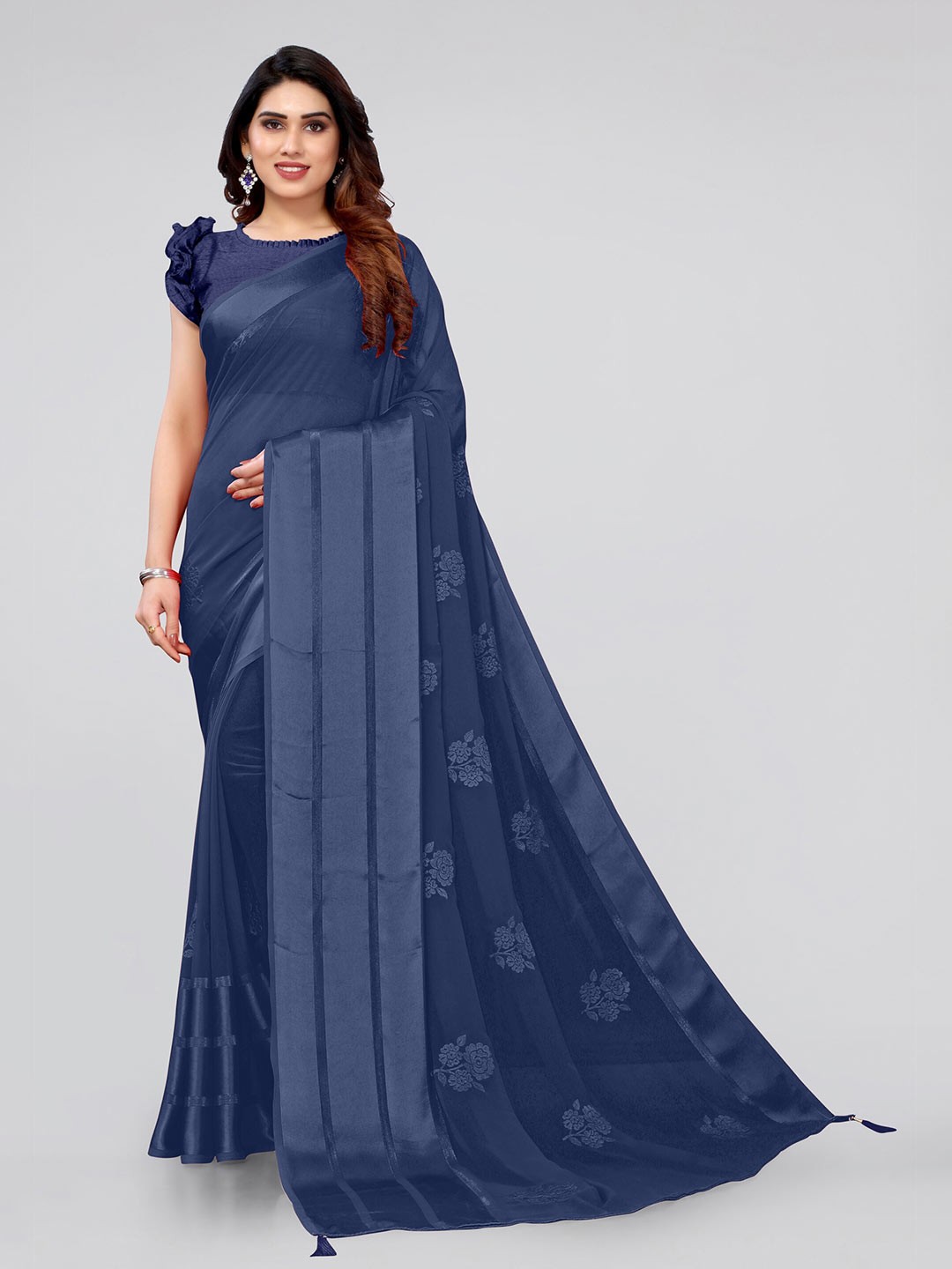 

MIRCHI FASHION Navy Blue Floral Embroidered Saree