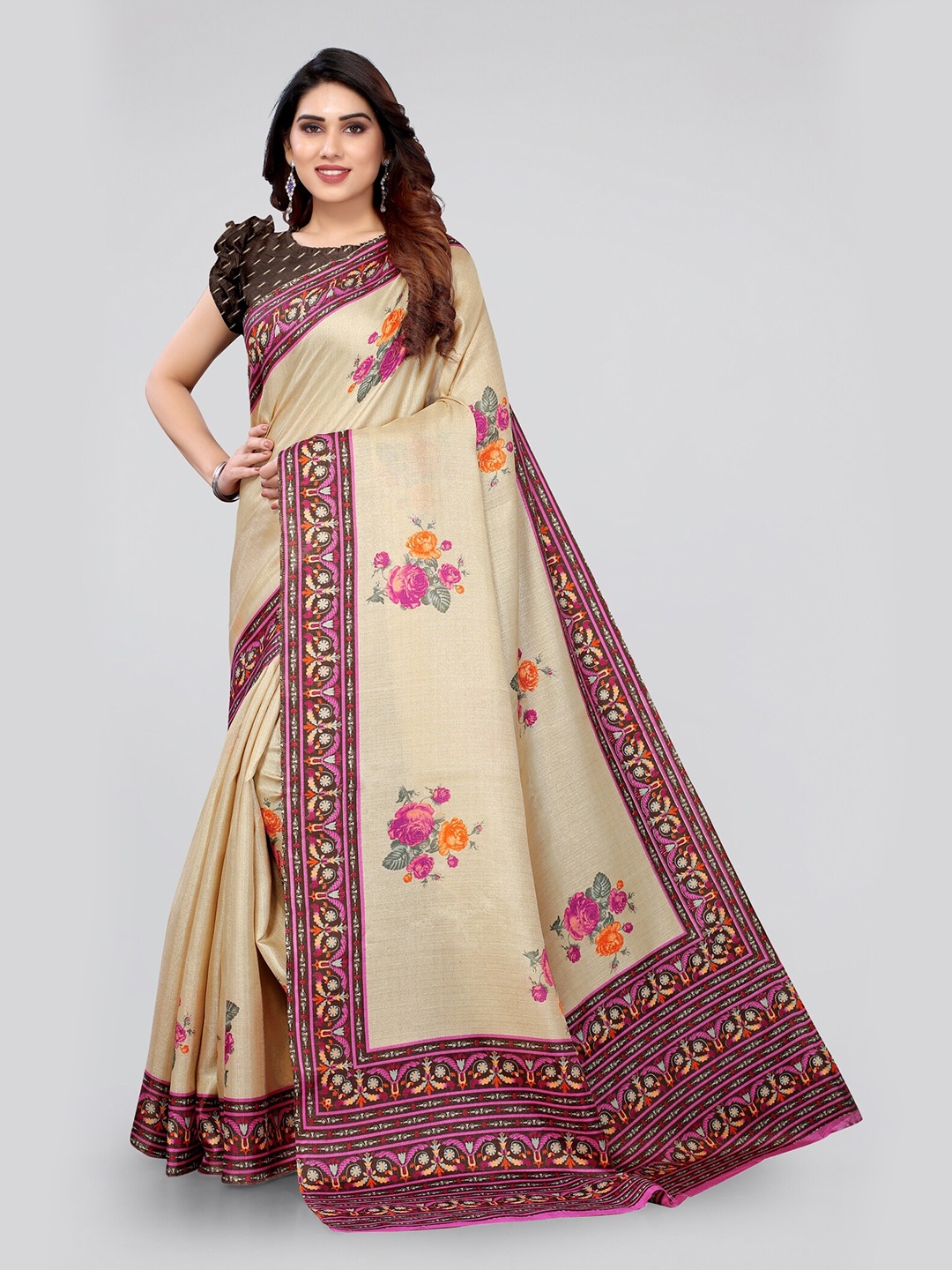 

KALINI Cream-Coloured & Magenta Floral Art Silk Bagh Saree