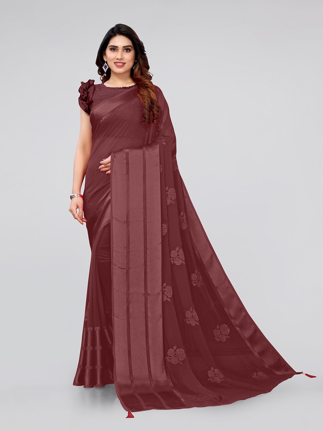 

MIRCHI FASHION Maroon Floral Embroidered Saree