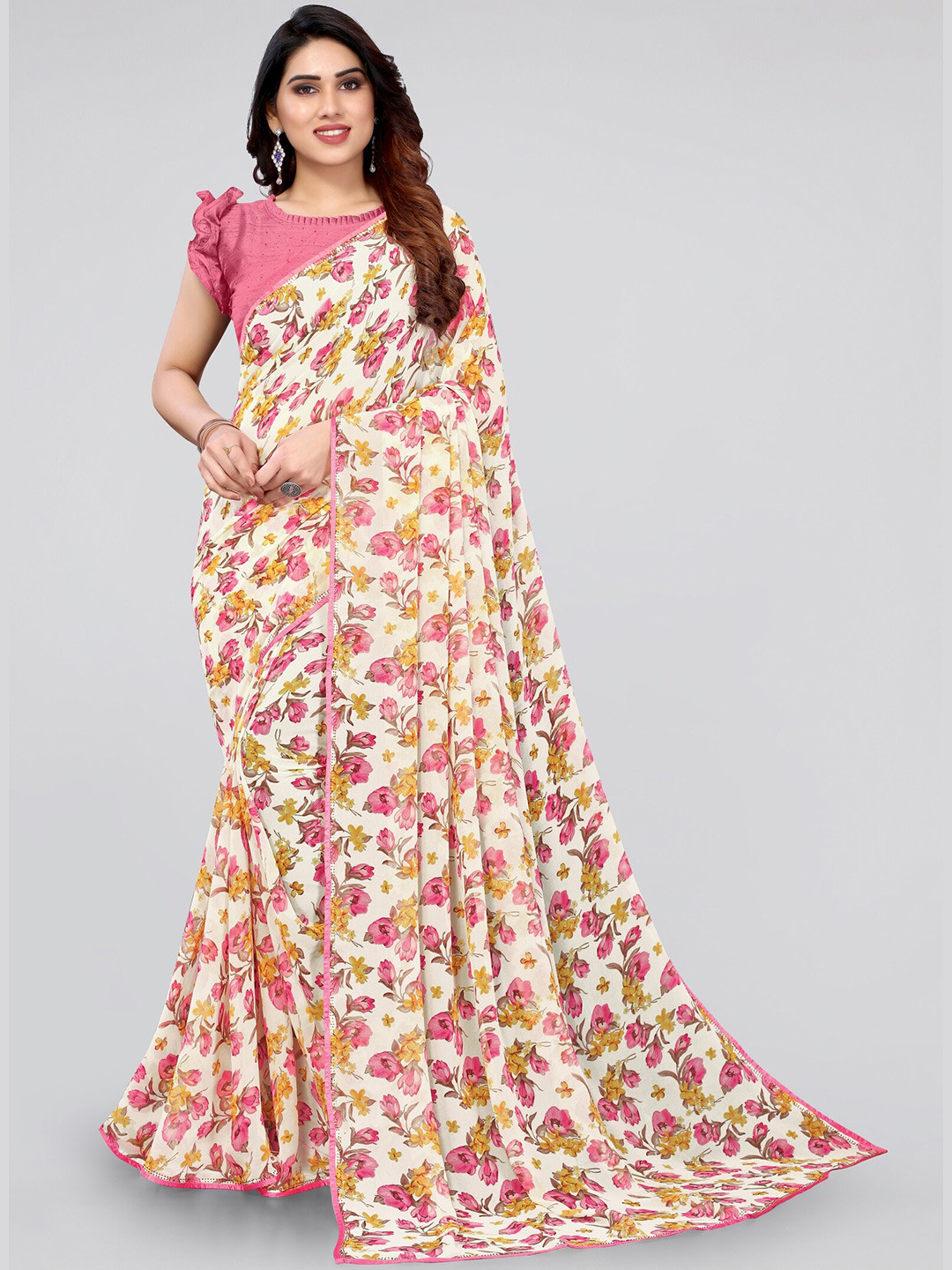 

Mirchi Fashion Off White & Pink Floral Printed Bagh Saree