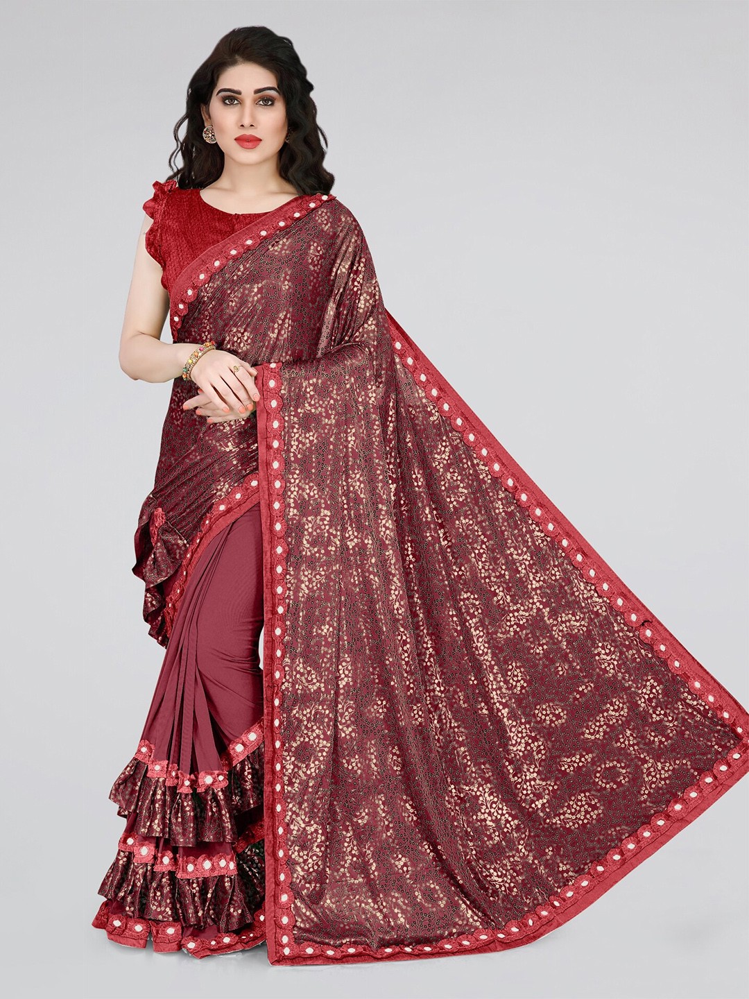 

Mirchi Fashion Maroon & Beige Floral Printed Mirror Work Ruffles Saree