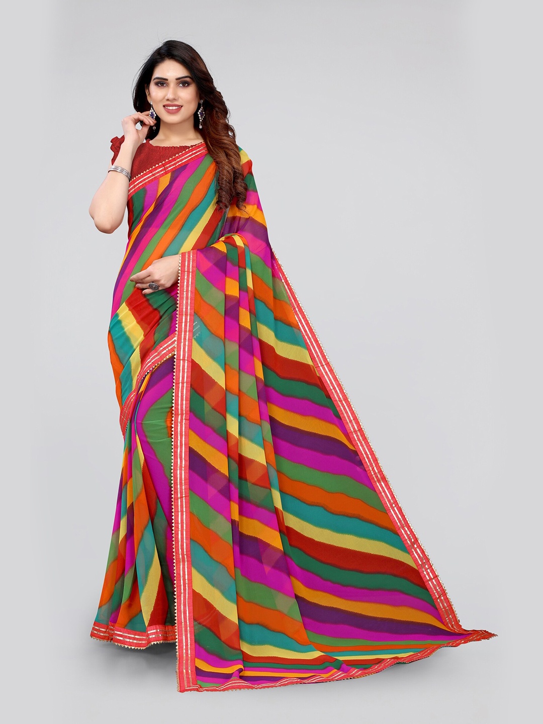 MIRCHI FASHION Yellow & Purple Leheriya Gotta Patti Leheriya Saree