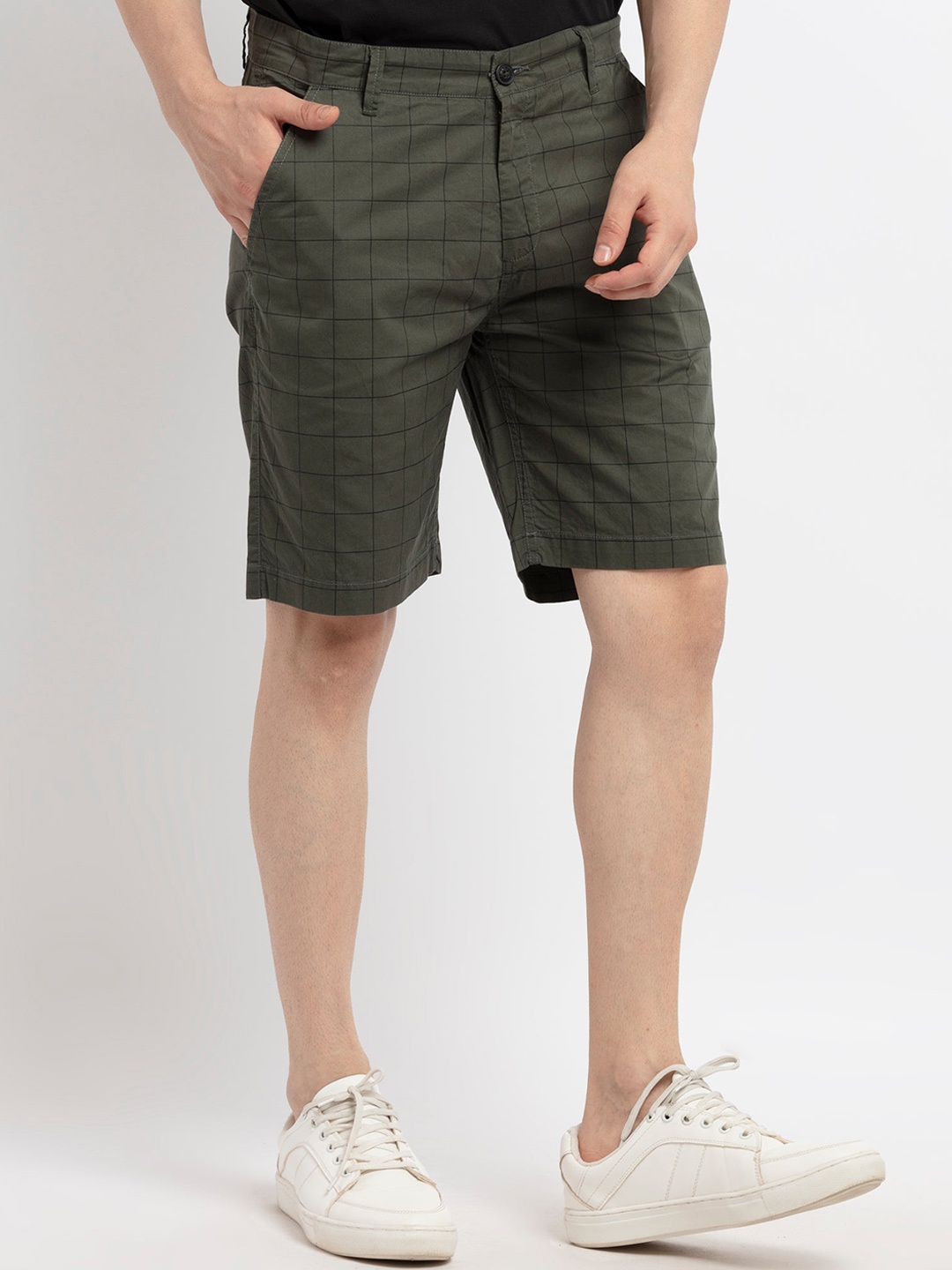 

Status Quo Men Olive Green Checked Chino Shorts