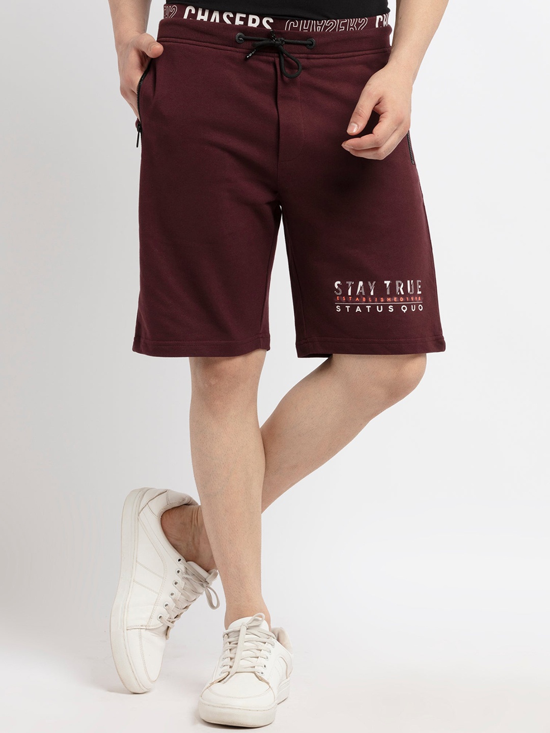 

Status Quo Men Burgundy & White Printed Cotton Shorts