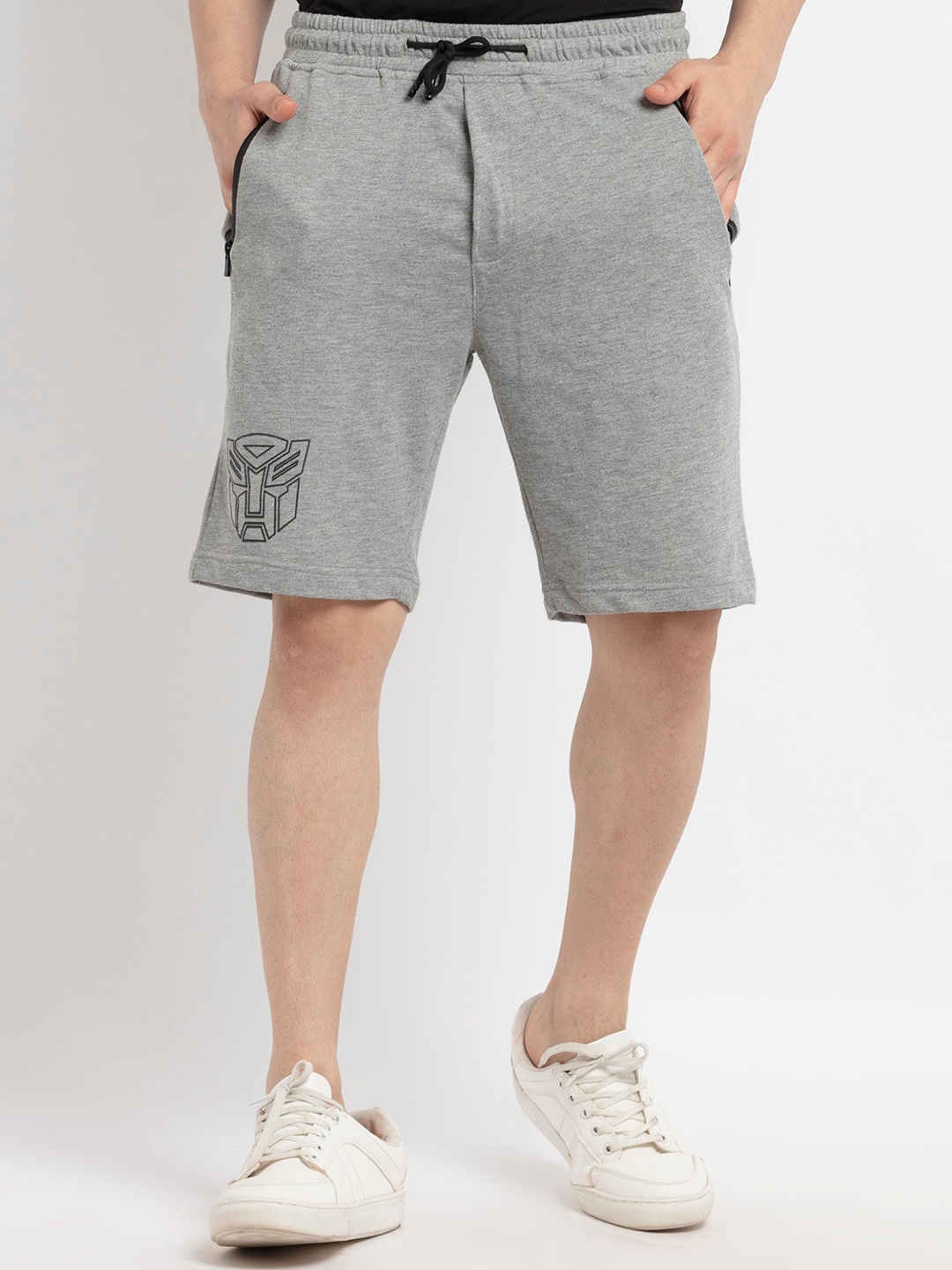 Status Quo Men Grey Melange & Black Transformers Printed Cotton Shorts