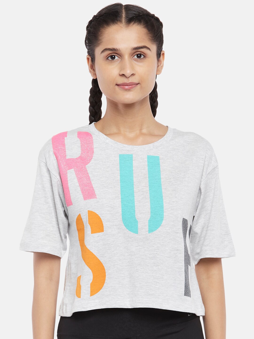 Ajile by Pantaloons Grey Melange & Pink Print Cotton Top