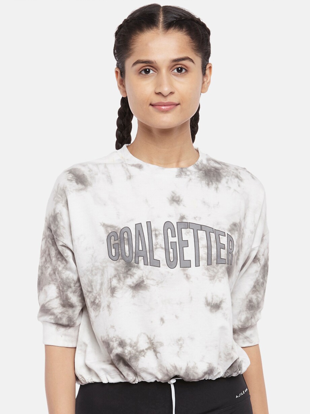 

Ajile by Pantaloons Grey & White Tie and Dye Pure Cotton Blouson Top