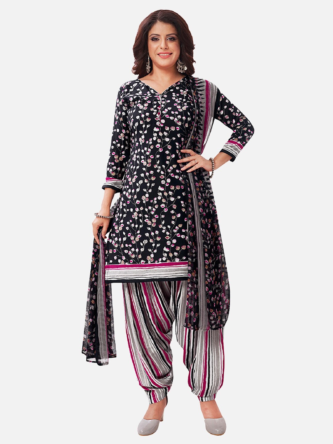 

SALWAR STUDIO Black & Pink Printed Unstitched Dress Material