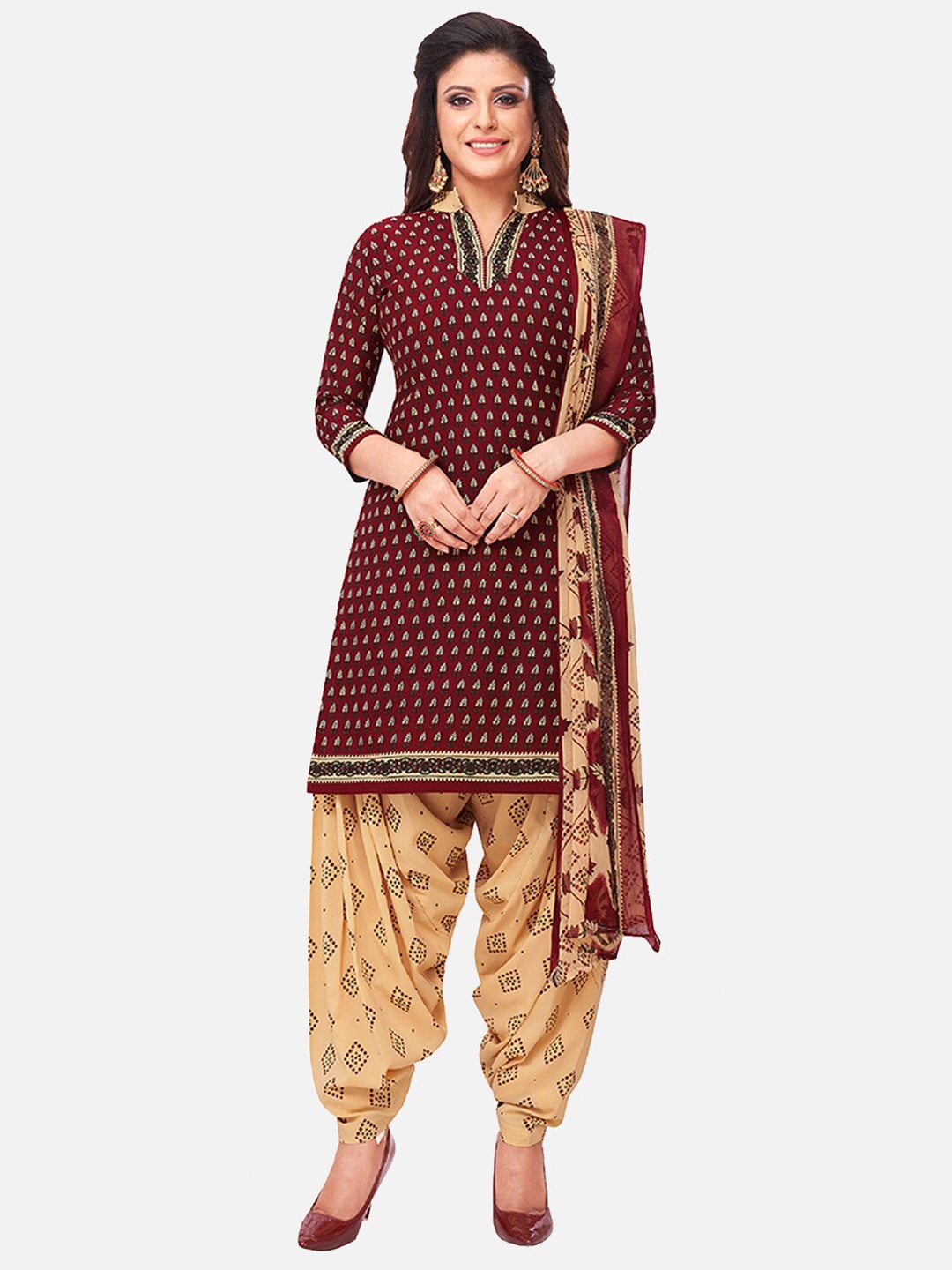 

SALWAR STUDIO Maroon & Beige Printed Unstitched Dress Material