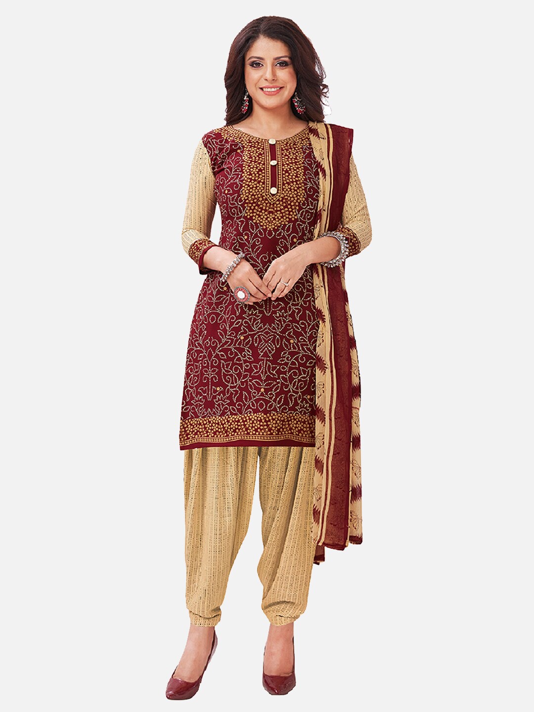 

SALWAR STUDIO Maroon & Beige Printed Unstitched Dress Material