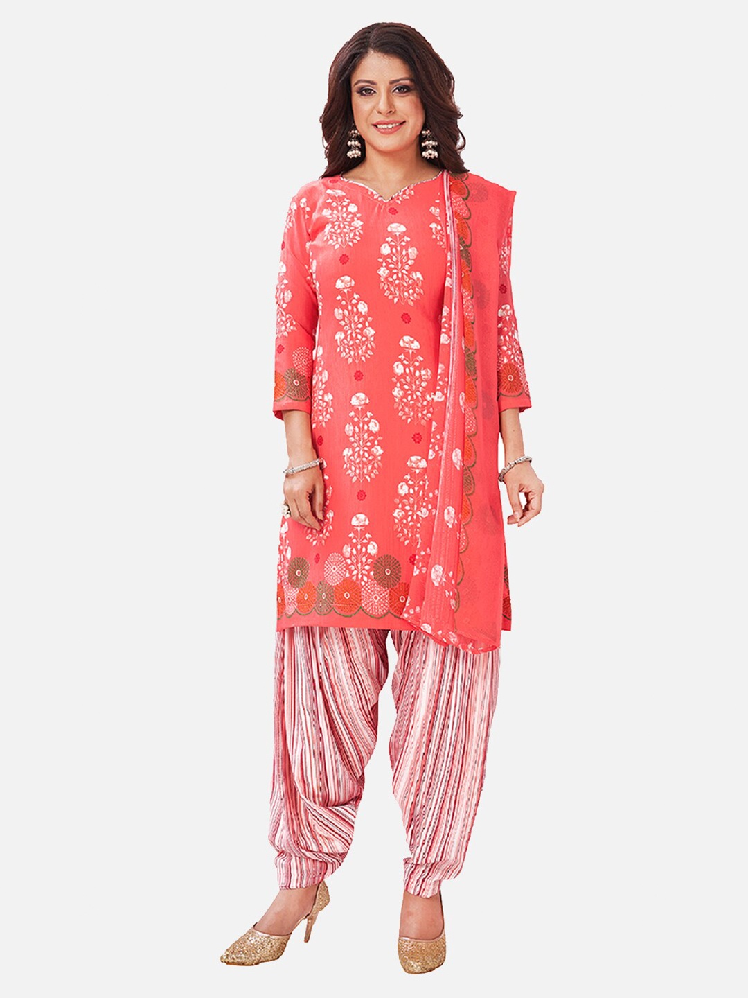 

SALWAR STUDIO Peach-Coloured & White Printed Unstitched Dress Material