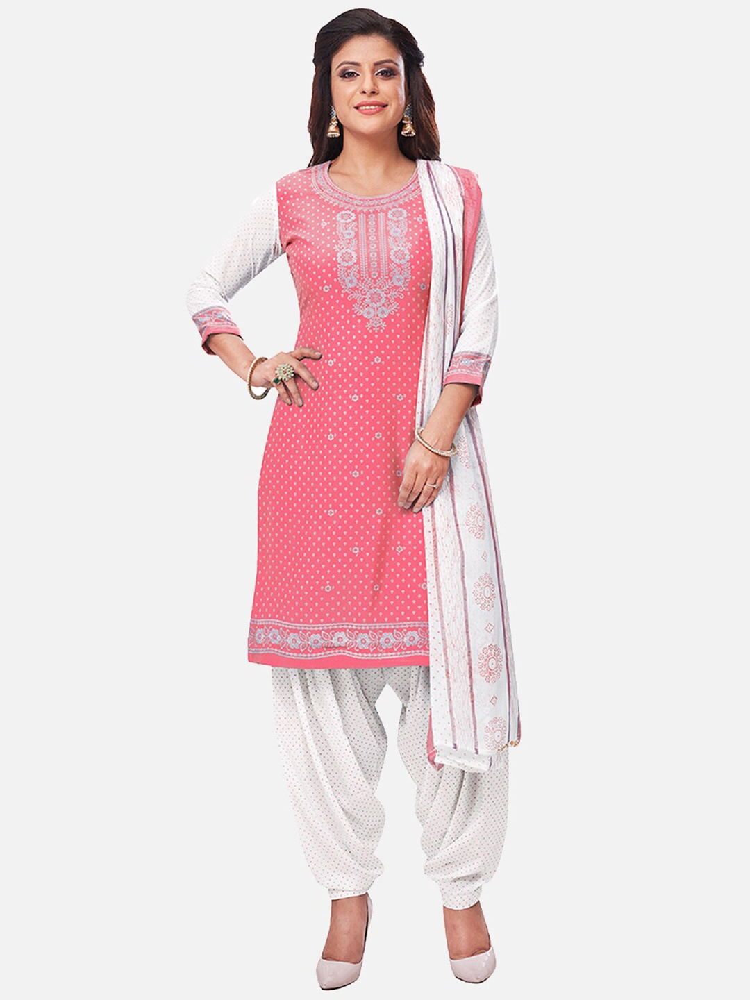 

SALWAR STUDIO Pink & White Printed Unstitched Dress Material