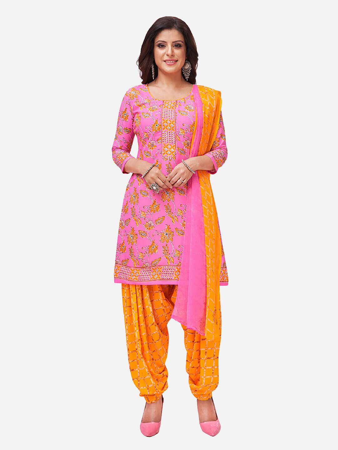 

SALWAR STUDIO Pink & Orange Printed Unstitched Dress Material