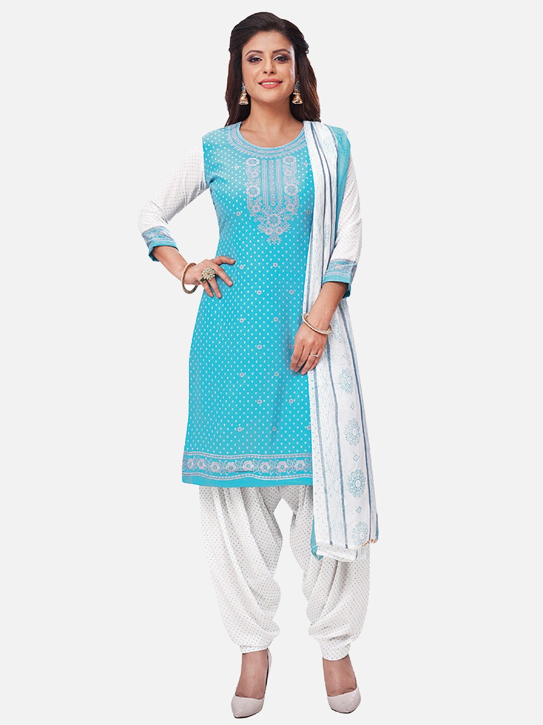 

SALWAR STUDIO Blue & White Printed Unstitched Dress Material