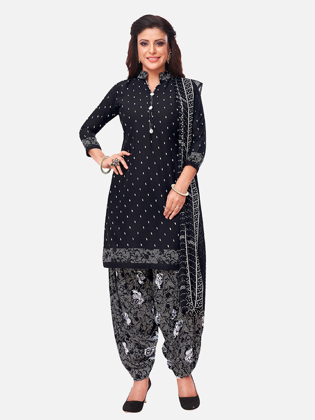 

SALWAR STUDIO Black & Grey Printed Unstitched Dress Material