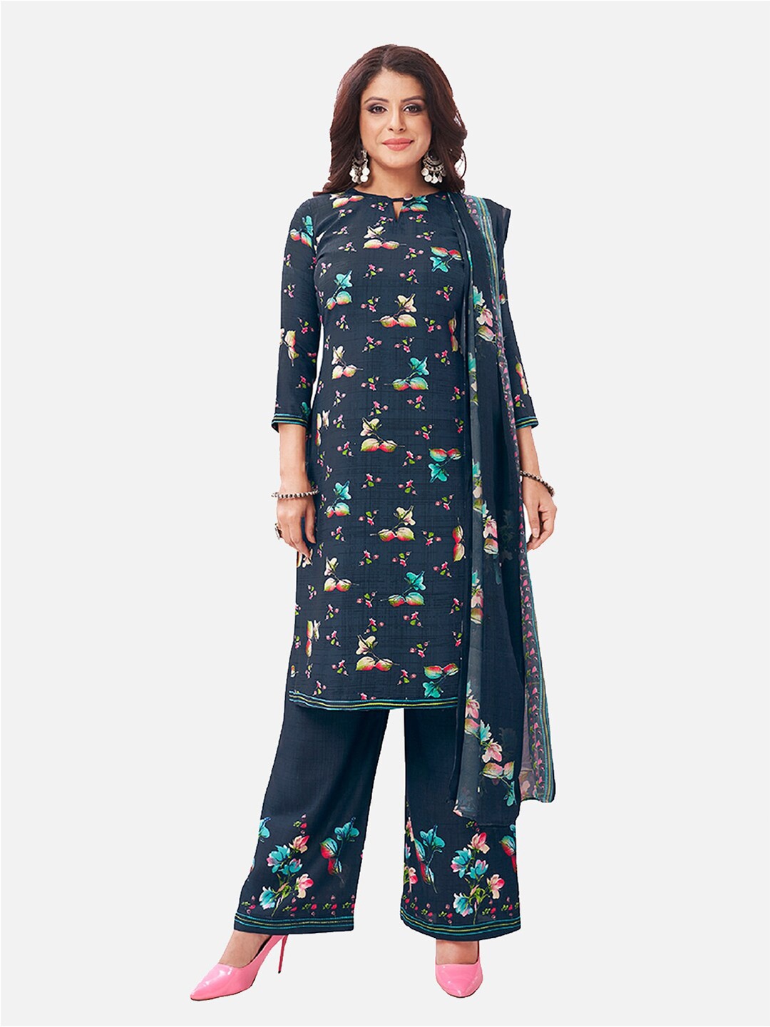 

SALWAR STUDIO Navy Blue & Pink Printed Unstitched Dress Material