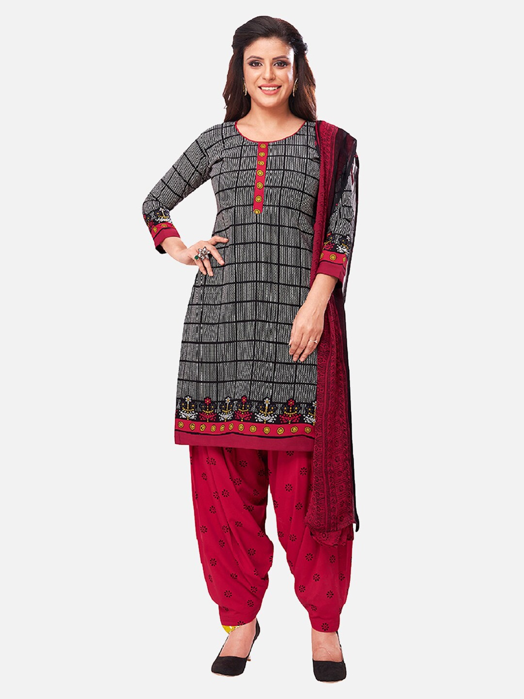 

SALWAR STUDIO Black & Maroon Printed Unstitched Dress Material