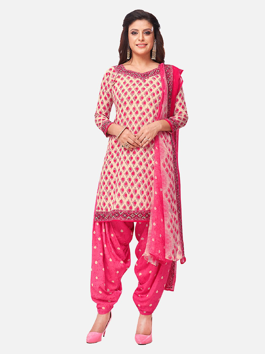 

SALWAR STUDIO Beige & Pink Printed Unstitched Dress Material